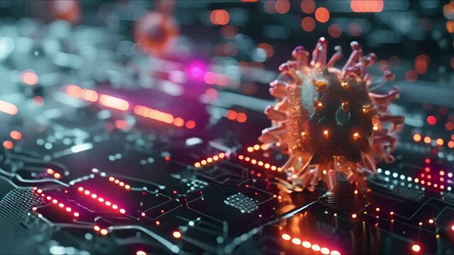 Showcase the intricate patterns and structures of a computer virus attacking a database