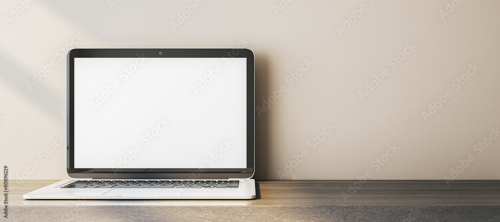 Aufkleber Close up of empty white computer display on simple wooden desk. Workplace concept. Mock up, 3D Rendering.
