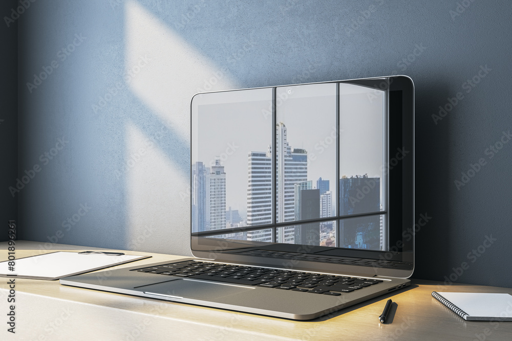 Poster Close up of empty computer screen with city reflections on simple wooden desk. Workplace concept. 3D Rendering.