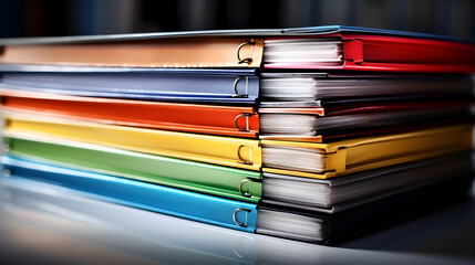 A stack of well-organized binders and folders,