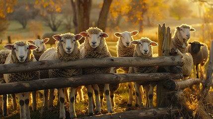A group of cute sheep gathered around a rustic wooden fence, their woolly coats shining in the...