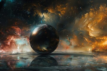 Huge mysterious glass black sphere hovers gracefully amidst a cosmic, fantastical landscape filled with vivid celestial bodies. The raw beauty of cosmic landscapes