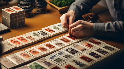A stamp collector organizing a collection,