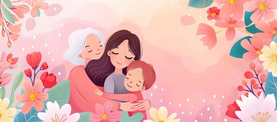 "Happy Mother's Day" poster design with a mother, daughter and grandmother hugging each other surrounded by blooming flowers on a pink background