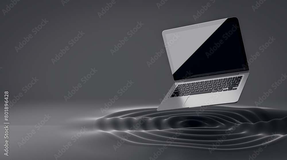 Poster Abstract flying laptop with reflections on creative dark whirl background with mock up place. Product ad concept. 3D Rendering.