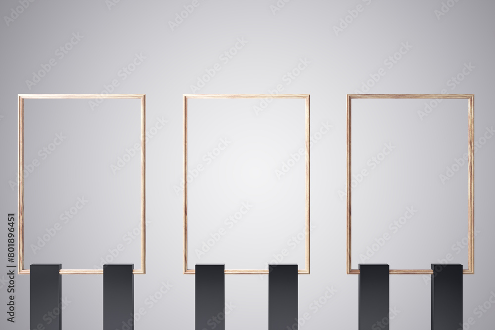 Poster Empty glass frames on light background. Mock up, 3D Rendering.