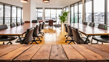 Professional Serenity: Boardroom Atmosphere with Blurred Rustic Wooden Floor