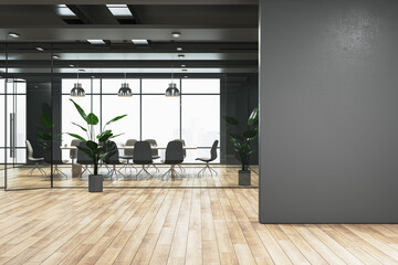 Modern glass meeting room interior with empty mock up place on wall, panoramic windows and city...