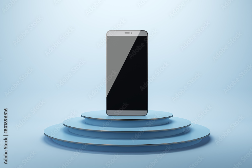 Poster Empty black mock up smartphone with reflections on creative blue podium background with mock up place. Product ad concept. 3D Rendering.