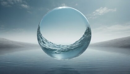 潤いや水分量、保湿、透明感などの表現に使える　宙に浮く水でできた球体　何もない背景
