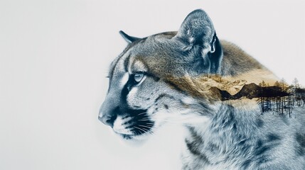 a double exposure image featuring a cougar portrait with a winter mountain scene inside the animal centered on a white background.