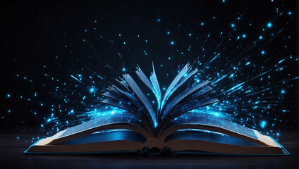 The image is of an open book with bright blue light coming from the center.

