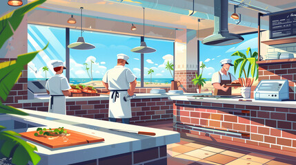 Chef in the kitchen provides cooking training to students.Schoolgirls happily cook together.children wearing cooking uniform. Professional chef preparing meal in high end restaurant kitchen. 