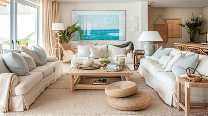 Coastal-inspired interiors with nautical elements, light colors, and natural textures.