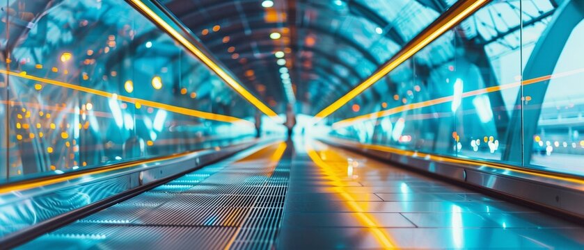 Futuristic Airport Travelator with Vibrant Neon Lights in Modern Terminal.