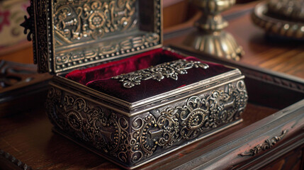 vintage-style patch box, featuring intricate metalwork and ornate detailing on its lid, with a velvet-lined interior perfect for storing and organizing small trinkets or keepsakes.