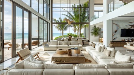 Coastal contemporary beachfront villa with floor-to-ceiling windows, neutral tones, and beach-inspired decor.