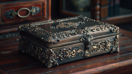 vintage-style patch box, featuring intricate metalwork and ornate detailing on its lid, with a...