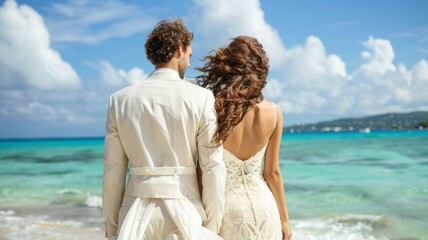 A bride and groom stand on a beach, looking out at the ocean