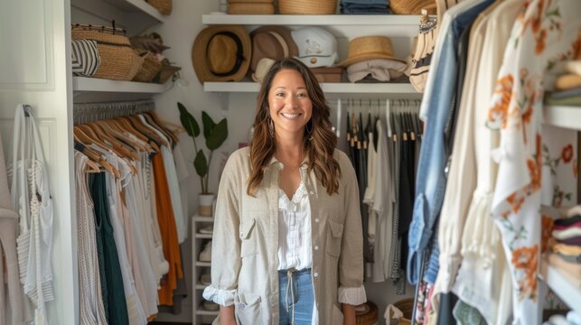 A woman is shown in her walkin closet filled with sustainable fashion pieces in a variety of styles and colors proving that sustainability and personal style can go hand in hand.