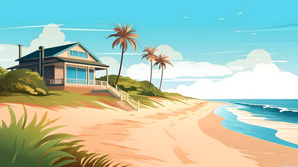 Beachside Retreat, Tranquil Summer Day by the Sea, Realistic Beach Landscape. Vector Background