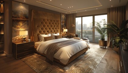 Luxurious bedroom, velvet headboard, muted gold accents, twilight ambiance, aerial perspective