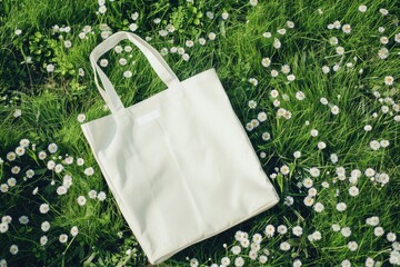 Mockup of a white tote bag laying on grass, White cotton or mesh eco bag on green grass