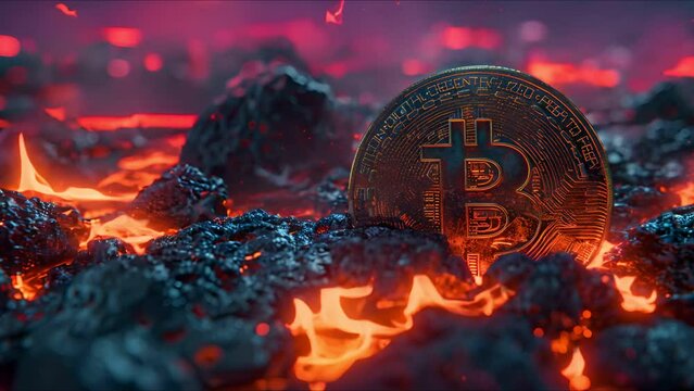 Dramatic close up of Bitcoin on a fiery floor, in the backdrop hinting at hidden depths