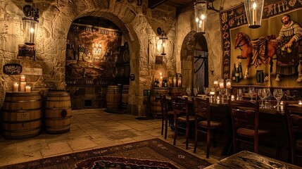 Gothic castle-inspired wine tasting room with stone walls, medieval tapestries, and candlelit...