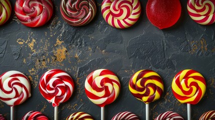 Colourful lollipops scattered on a dark grey, textured background.
