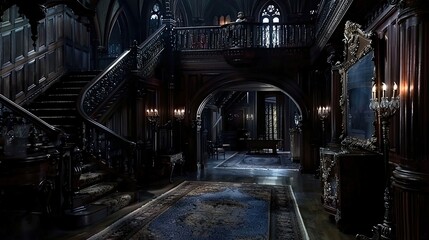 Gothic revival style with dark wood paneling, ornate details, and dramatic lighting.