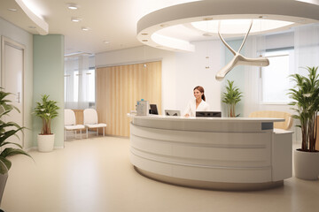 Dental Office Reception: Reception area of a dental office with a friendly receptionist greeting patients and handling appointments.