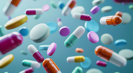 Colorful pills and large capsules captured in mid-air against a vibrant blue background, creating a dynamic and visually striking composition. The close-up shot emphasizes the intricate details 