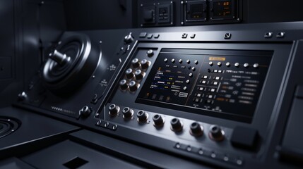 Fototapeta premium Futuristic spaceship abstract technological control panel with toggle switches and buttons or panel of unknown device or space ship