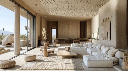 Modern desert oasis with sand-colored palette, natural materials, and minimalist decor.