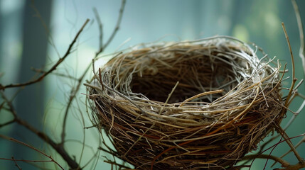 Close-up of an empty, intricately woven bird's nest in a dark setting.