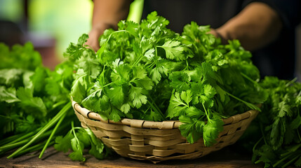 Harvesting bundles of fresh and aromatic cilantro - Powered by Adobe