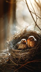 A close-up image of two baby birds sitting in a straw nest, warmly lit in a dark forest setting, evoking a sense of care and nurturing in nature.