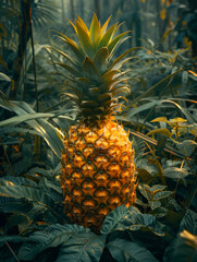 Obraz premium Pineapple in a lush field at twilight, capturing the natural environment of tropical agriculture