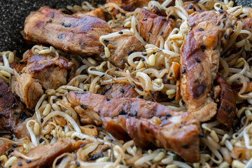 Grilled pork with vegetables and sprouted soybeans. A dish of stewed pork. Sprouted sprouts.