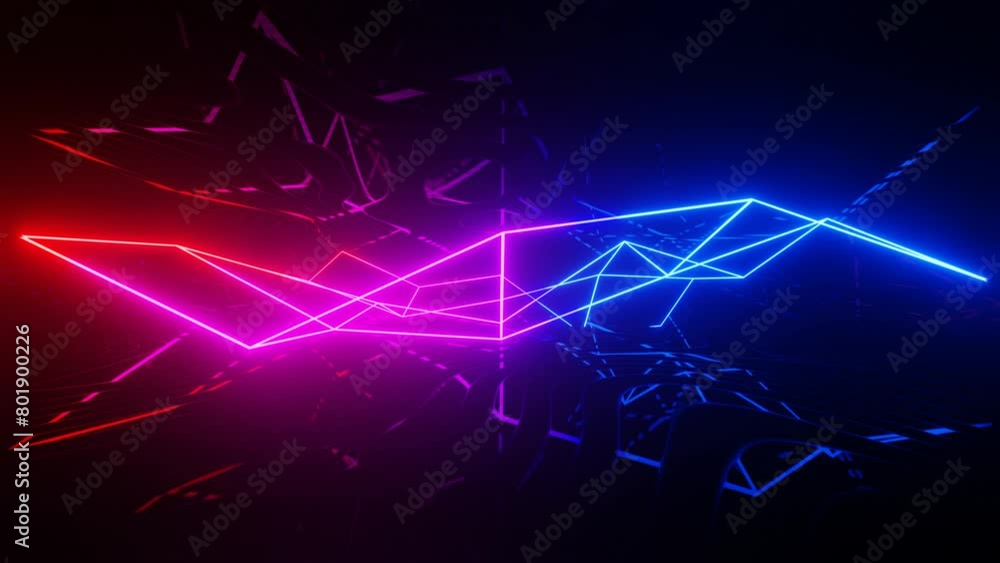 Poster vj loop mirror room with fly neon frame waving surface. abstract festive bg with bright reflection. 