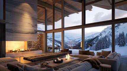Modern ski chalet with cozy fireplace, fur throws, and panoramic mountain views.