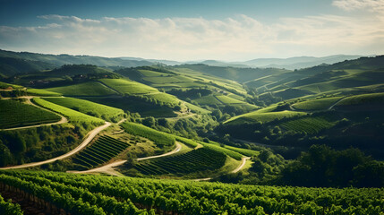 Fototapeta premium Lush vineyards stretching across rolling hills,