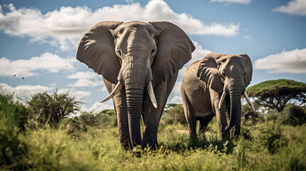 Obraz premium Majestic elephants roaming freely in a protected reserve,