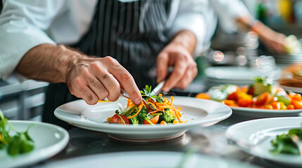 A group of chef in uniform preparing delicious food for her cooking venture. Good job enviroment. Cook decorating a plate. Portrait of professional responsible chef during carrying out daily duty. 