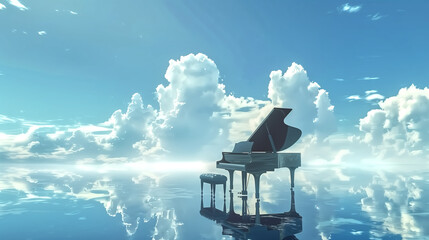 Piano sitting on clearing sea. sky. surreal. Generative AI. Beau