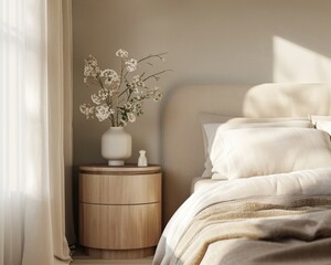 Beautiful white flower on wooden curved bedside table near a comfortable beige bed in the room. Stylish interior bedroom