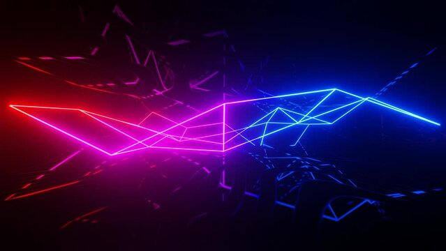 Vj loop mirror room with fly neon frame waving surface. Abstract festive bg with bright reflection. Dark room disco lights. Seamless looped bg. Night club bright neon style bg. Wireframe
