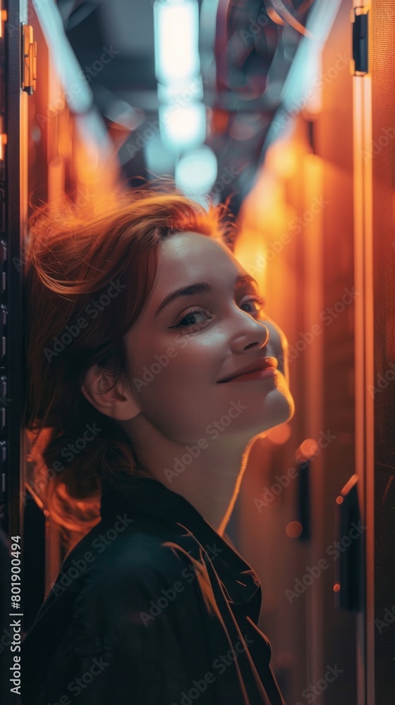 Poster portrait of a smiling woman-technician, programmer, it specialist, analyst in the server room. softw