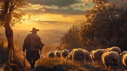 A shepherd guiding his flock of sheep through a rustic countryside, the sunset casting warm hues over the landscape - Powered by Adobe